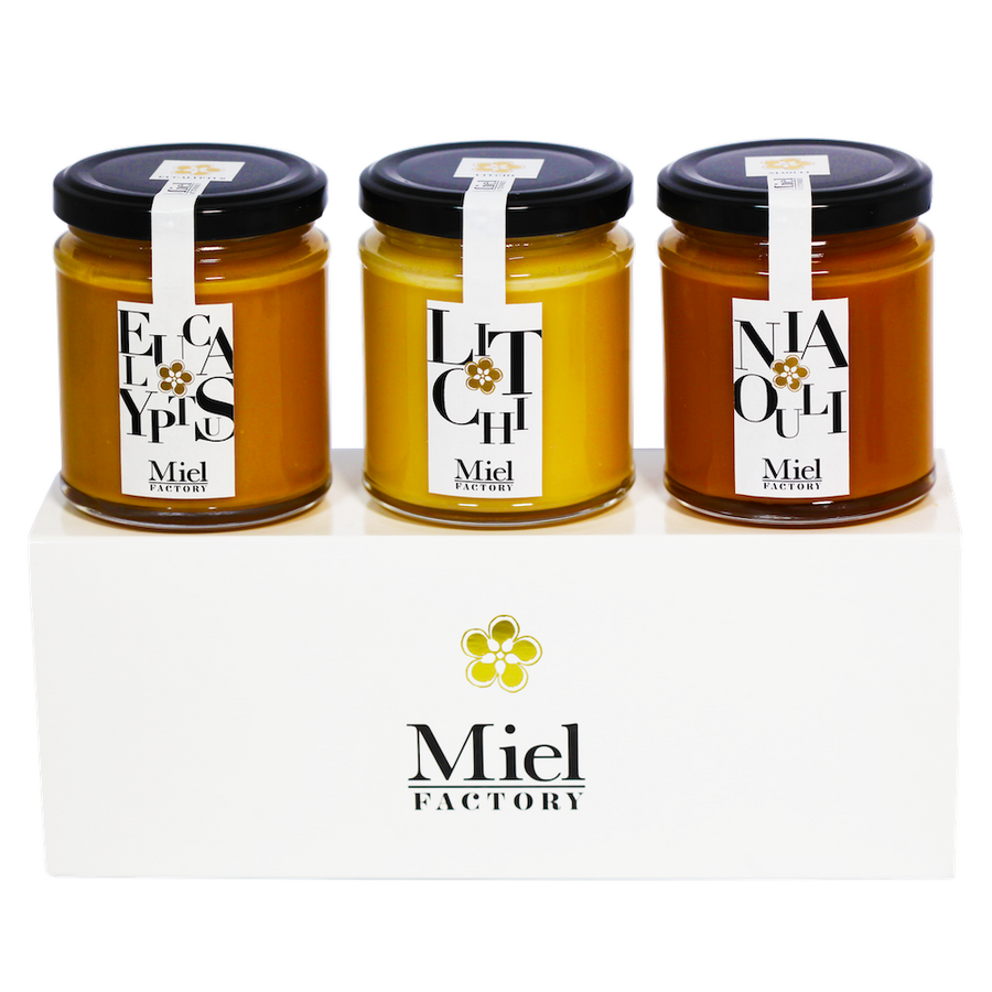 Coffret de trois miels de Madagascar, Litchi, Niaouli, Eucalyptus
